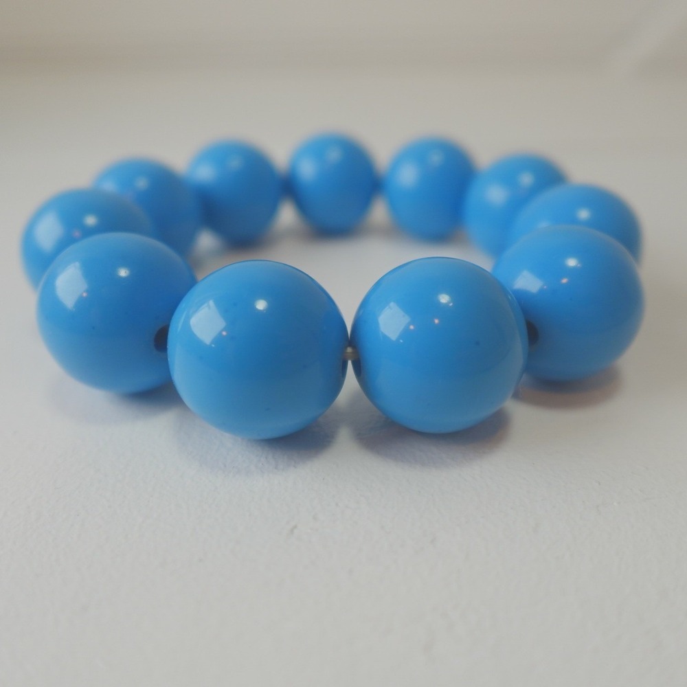 Vintage Chunky Blue Beaded Bracelet Large Round Beads Mod Retro Stretch Jewelry